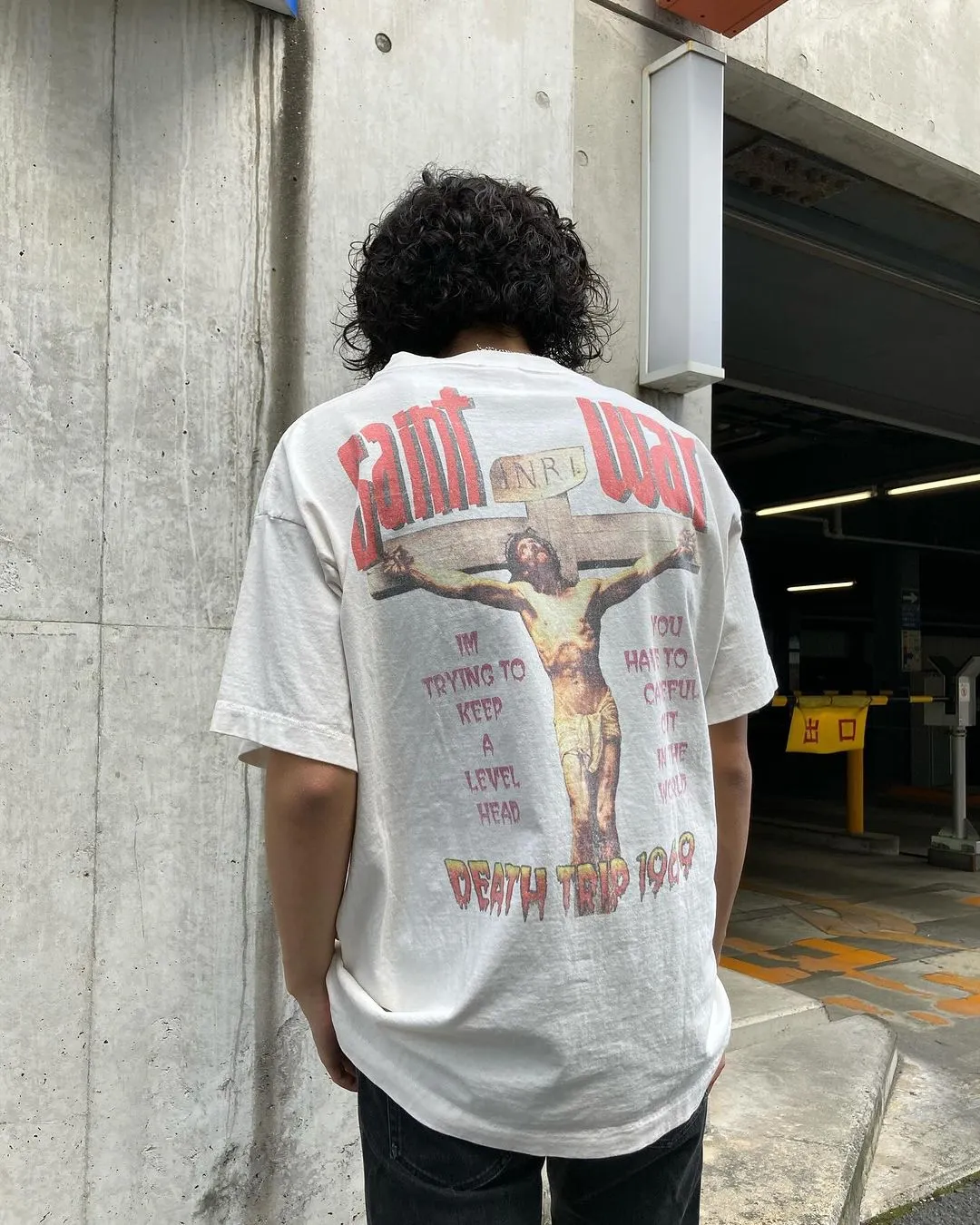 SAINT MICHAEL SAINT WAR TEE/WHAT new style Jesus cross retro short-sleeved, off-white S-XL, ready-to-wear, washed and distressed, printed repeatedly and modified, tube-woven seamless fabric, with little angel anti-counterfeiting label
